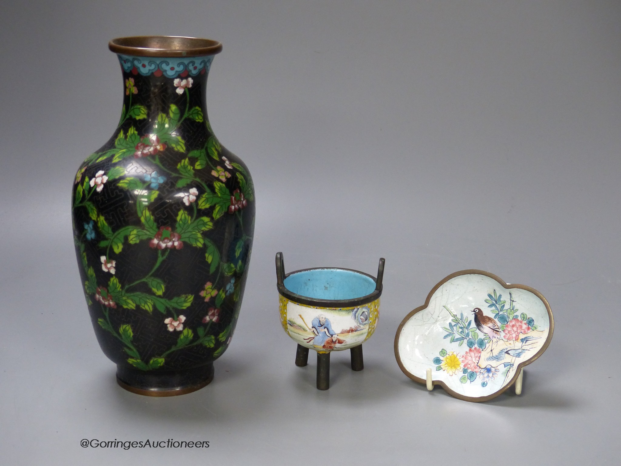 A Chinese enamel on copper tripod censer, a cloisonne enamel vase, 20cm high and a Canton enamel dish